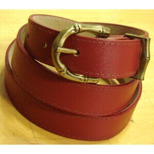 Red Faux Leather Belt Brass Gold Bamboo Design Buckle Size 18 Fashion Dress Vtg